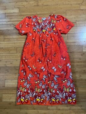 Vintage Anthony Richards Vibrant Red Butterfly Garden 100% Cotton Maxi Dress